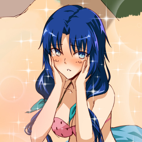 1girl axia-chan bikini blue_eyes blue_hair blush breasts cleavage elesia hands_on_own_face large_breasts long_hair lowres sandals solo sparkle swimsuit tsukihime upper_body very_long_hair