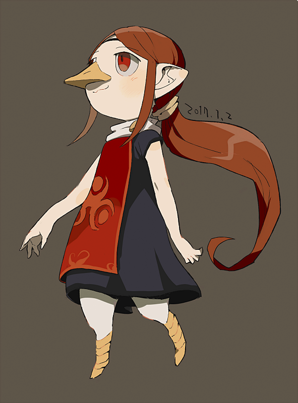 1girl 2017 :3 aoki_(fumomo) beak black_dress brown_hair closed_mouth dated dress eyebrows_visible_through_hair full_body grey_background medli nintendo pointy_ears ponytail red_eyes rito short_sleeves solo tabard the_legend_of_zelda the_legend_of_zelda:_the_wind_waker