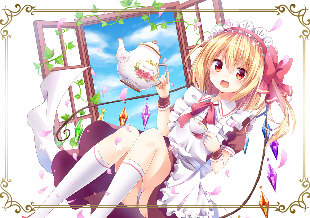 1girl :d alternate_costume apron bangs blonde_hair blue_sky blush bow brown_dress crystal cup day dress enmaided eyebrows_visible_through_hair feet_out_of_frame flandre_scarlet floral_print frame frilled_apron frills hair_bow holding holding_cup holding_teapot kneehighs knees_together_feet_apart kure~pu looking_at_viewer maid maid_apron maid_headdress medium_hair neck_ribbon one_side_up open_mouth open_window panties pantyshot petals plant puffy_short_sleeves puffy_sleeves red_bow red_eyes red_ribbon ribbon short_sleeves sky smile solo teacup teapot touhou underwear vines white_apron white_background white_legwear white_panties window wing_collar wings wrist_cuffs