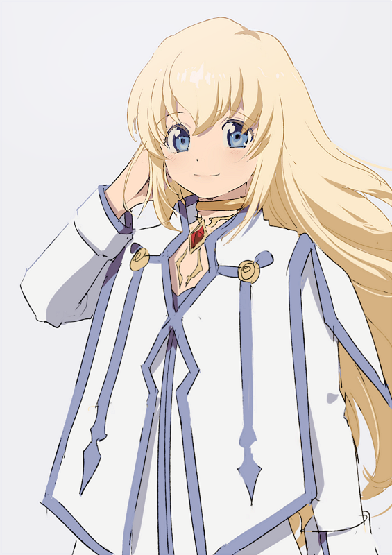 1girl aoki_(fumomo) arm_at_side bangs blonde_hair blue_eyes closed_mouth collet_brunel eyebrows_visible_through_hair gem hand_up jewelry long_hair long_sleeves looking_at_viewer neck_ring smile solo tales_of_(series) tales_of_symphonia