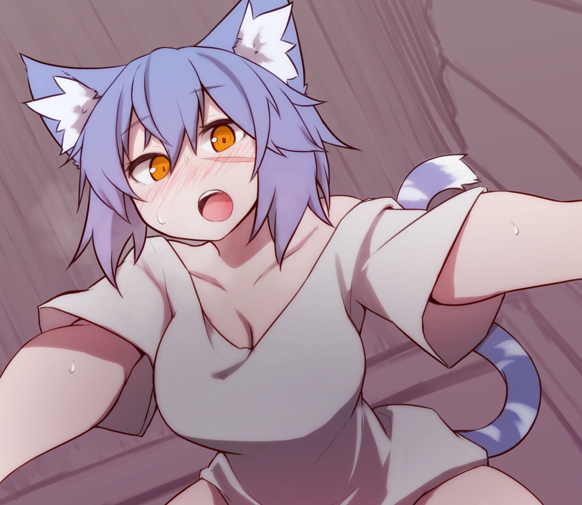 1girl animal_ears blue_hair blush breasts cat_ears cat_tail cleavage collarbone looking_at_viewer medium_breasts open_mouth orange_eyes original ryota_tentei scar short_hair solo tail tora_tentei