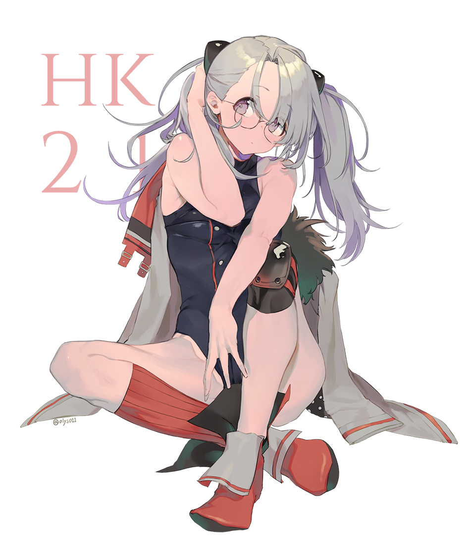 1girl bangs boots breasts character_name closed_mouth commentary_request cross eyebrows_visible_through_hair full_body girls_frontline glasses grey_hair hair_ornament hair_over_one_eye hand_behind_head hk21_(girls_frontline) jewelry kneehighs leotard long_hair looking_at_viewer necklace olys red_footwear round_eyewear scarf simple_background single_knee_pad single_kneehigh sitting solo twintails violet_eyes white_background