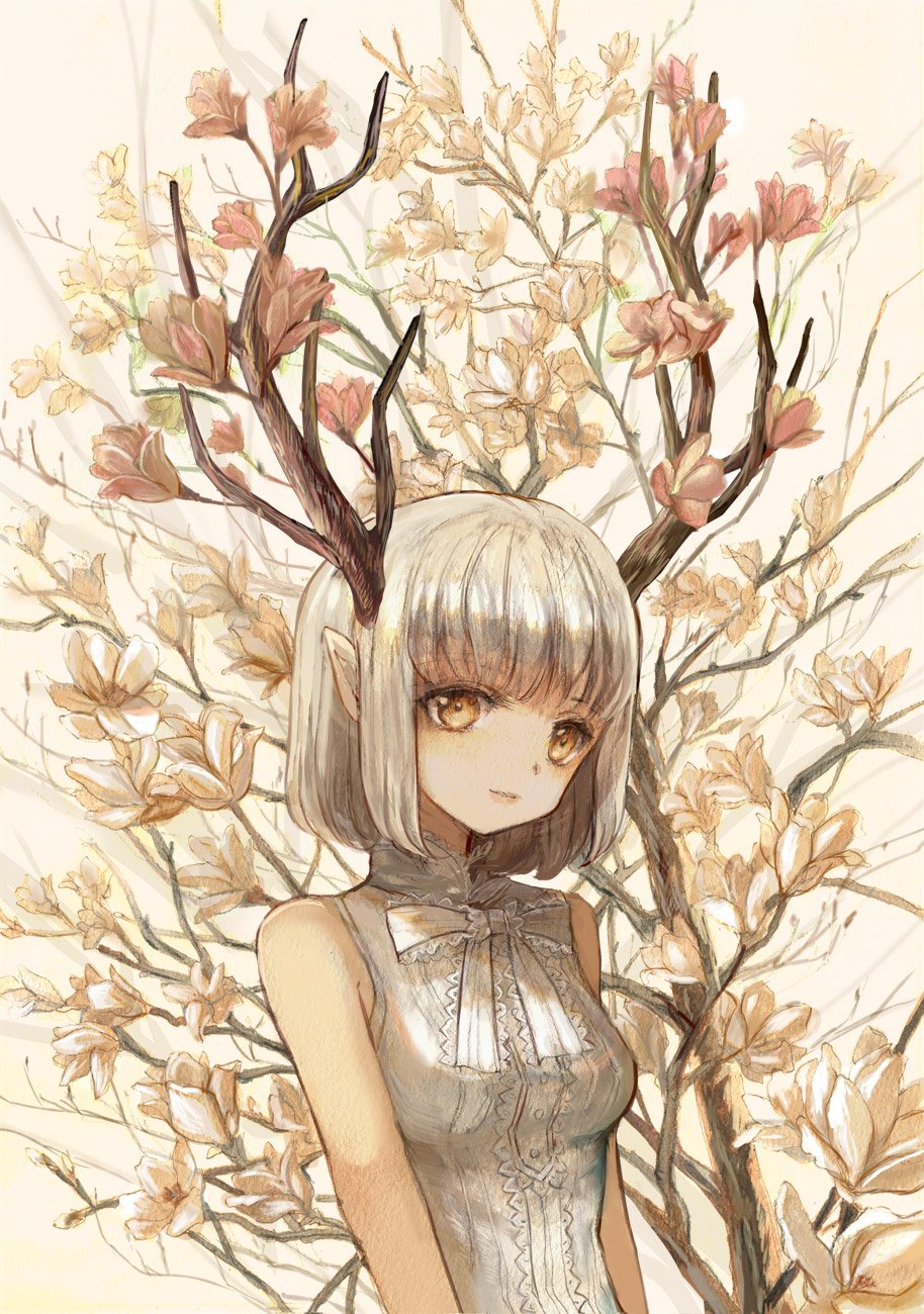 1girl arms_at_sides bangs bare_arms bob_cut breasts commentary_request floral_background flower highres horns keiko_(mitakarawa) looking_at_viewer magnolia medium_breasts neck_ribbon orange_eyes original parted_lips pointy_ears ribbon shirt short_hair sleeveless sleeveless_shirt solo upper_body white_hair white_shirt