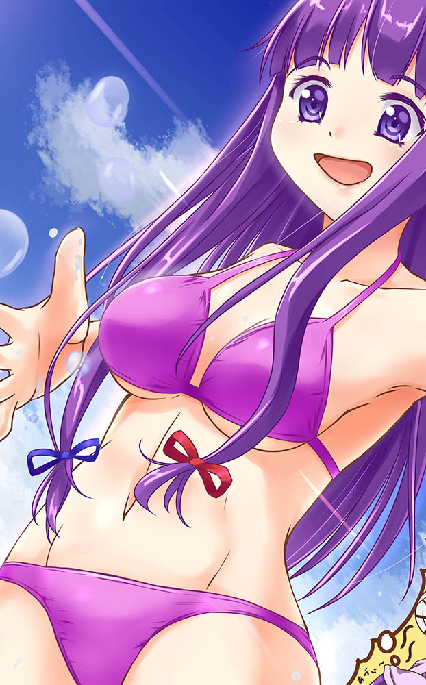 1girl bikini blue_ribbon blue_sky breasts commentary_request eyebrows_visible_through_hair from_below hair_ribbon large_breasts lens_flare light_particles light_rays long_hair navel no_hat no_headwear open_hand open_mouth patchouli_knowledge preview purple_bikini purple_hair red_ribbon ribbon sky smile solo sunlight swimsuit touhou tsujimoto_nao under_boob very_long_hair violet_eyes water_drop