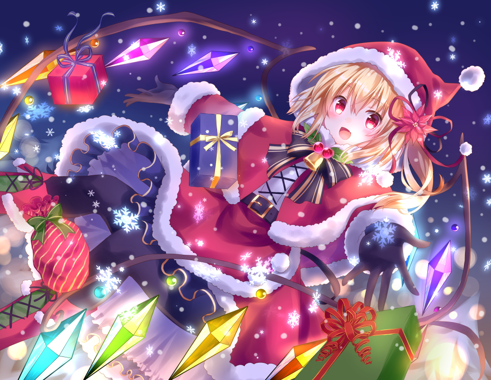 1girl :d alternate_costume bell belt belt_buckle black_gloves black_legwear blonde_hair blush boots bow bowtie box buckle capelet christmas commentary_request cross-laced_clothes cross-laced_footwear crystal dutch_angle eyebrows_visible_through_hair fang feeding flandre_scarlet flower fur-trimmed_capelet fur-trimmed_hood fur-trimmed_skirt fur-trimmed_sleeves fur_trim gift gift_box gloves hair_flower hair_ornament hat holly hood hood_up hooded_capelet knee_boots kure~pu lace-up_boots long_sleeves looking_at_viewer medium_hair night night_sky one_side_up open_mouth outstretched_arms pantyhose poinsettia pom_pom_(clothes) red_eyes red_skirt santa_costume santa_hat skirt sky smile snowflakes snowing solo spread_arms striped striped_bow touhou wings