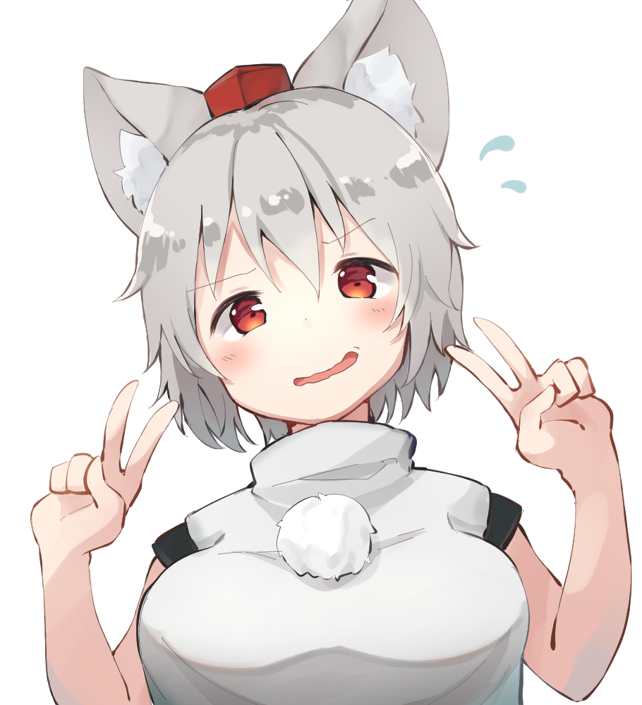 1girl animal_ears blush commentary_request double_v eyebrows_visible_through_hair grey_hair hat inubashiri_momiji mamemochi open_mouth red_eyes short_hair simple_background solo tokin_hat touhou upper_body v wavy_mouth white_background wolf_ears