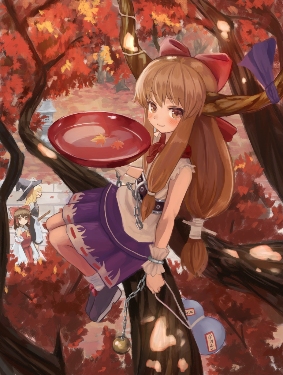 3girls apron arm_at_side autumn autumn_leaves bangs black_dress black_footwear black_hat blonde_hair blush bow brown_eyes brown_hair chains closed_mouth commentary_request cup dappled_sunlight day detached_sleeves dress eyebrows_visible_through_hair full_moon gourd hair_bow hakurei_reimu hat highres holding horn_ornament horn_ribbon horns ibuki_suika in_tree kirisame_marisa long_hair long_sleeves looking_up low-tied_long_hair maachi_(fsam4547) medium_hair medium_skirt moon multiple_girls outdoors purple_ribbon purple_skirt red_bow red_eyes ribbon ribbon-trimmed_skirt ribbon_trim sakazuki shirt shoes sidelocks sitting skirt sleeveless sleeveless_shirt smile solo_focus sphere stone_lantern sunlight touhou tree very_long_hair waist_apron white_shirt witch_hat wrist_cuffs