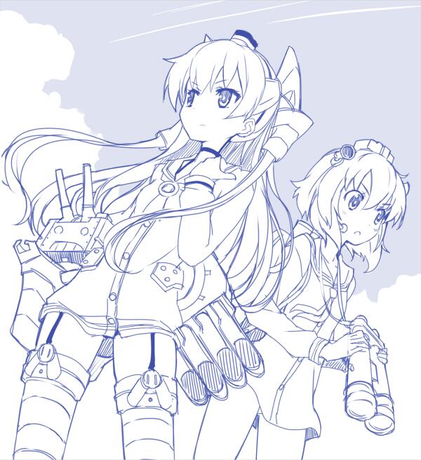 2girls amagai_tarou bangs binoculars blue breasts character_request choker closed_mouth clouds cloudy_sky commentary_request day dutch_angle garter_straps hatching_(texture) holding holding_binoculars kantai_collection long_hair long_sleeves looking_afar monochrome multiple_girls outdoors petite rigging sailor_collar sketch sky small_breasts standing thigh-highs v-shaped_eyebrows very_long_hair