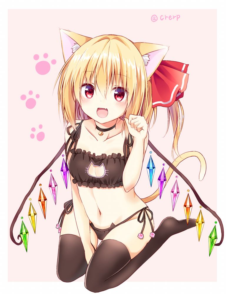 1girl :d alternate_costume animal_ears bare_arms bare_shoulders bell bell_choker between_legs black_bra black_legwear black_panties blonde_hair blush bra breasts cat_cutout cat_ear_panties cat_ears cat_lingerie cat_paws cat_tail choker cleavage_cutout collarbone crystal fang flandre_scarlet frilled_bra frills full_body hair_ribbon hand_between_legs jingle_bell kemonomimi_mode kure~pu looking_at_viewer meme_attire navel no_hat no_headwear open_mouth panties paw_pose paws red_eyes red_ribbon ribbon side-tie_panties side_ponytail small_breasts smile solo stomach tail thigh-highs thigh_gap touhou twitter_username underwear underwear_only wings