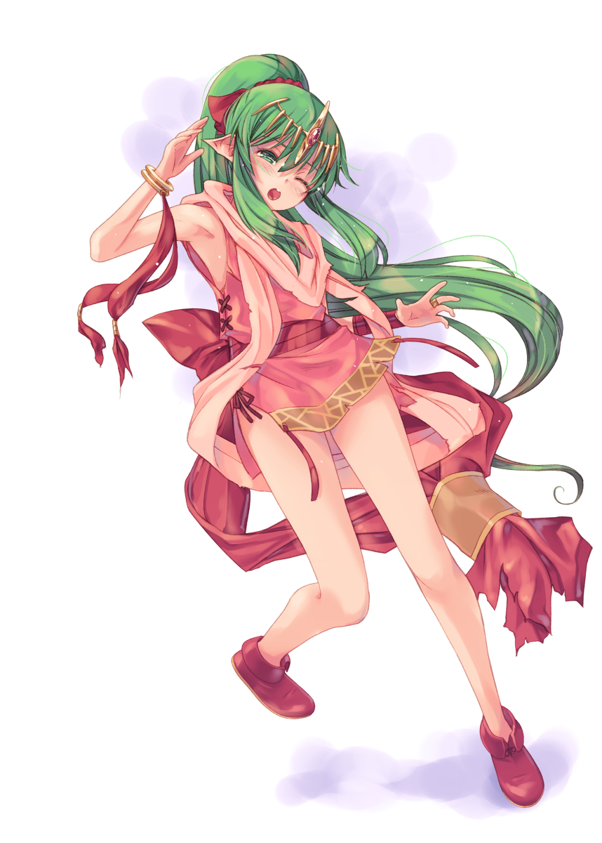 1girl bracelet chiki dress fire_emblem fire_emblem:_mystery_of_the_emblem full_body green_eyes green_hair hair_ribbon highres jewelry kirishima_satoshi long_hair mamkute nintendo one_eye_closed open_mouth pink_dress pointy_ears ponytail ribbon scarf short_dress simple_background sleeveless sleeveless_dress solo tiara torn_clothes white_background