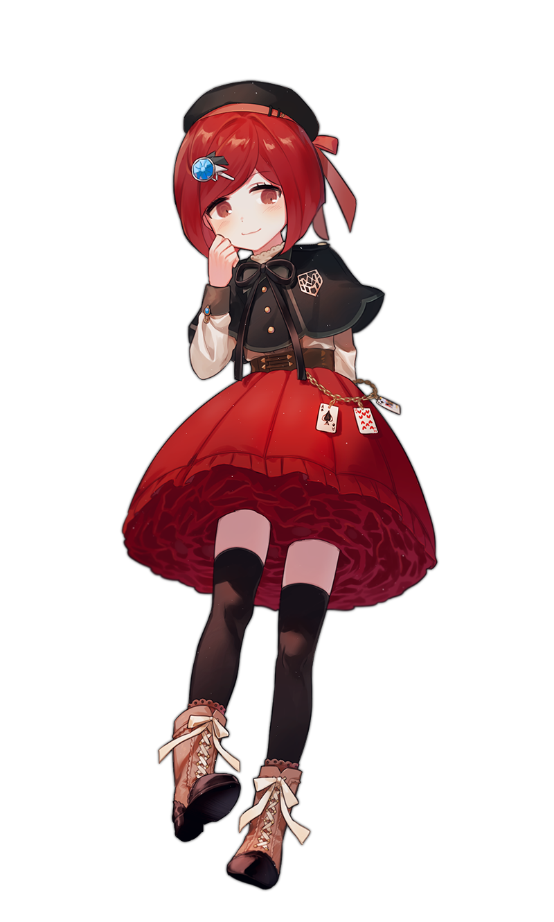 1girl 1p_ino alternate_costume black_legwear blush boots brown_eyes card dangan_ronpa dress full_body hair_ornament hairclip hat highres looking_at_viewer new_dangan_ronpa_v3 redhead short_hair simple_background thigh-highs white_background yumeno_himiko