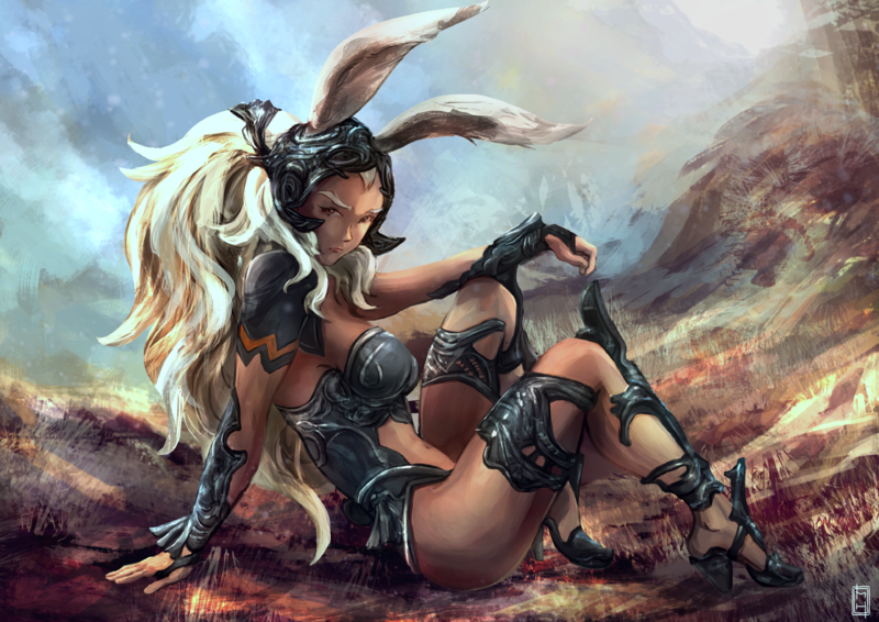 1girl animal_ears armor bracer breasts brown_eyes commentary completion_time dark_skin ears_through_headwear english_commentary final_fantasy final_fantasy_xii fran full_body greaves high_heels knee_pads long_hair looking_at_viewer matias_habert medium_breasts navel navel_cutout pauldrons ponytail rabbit_ears reclining revealing_clothes sitting solo viera white_hair