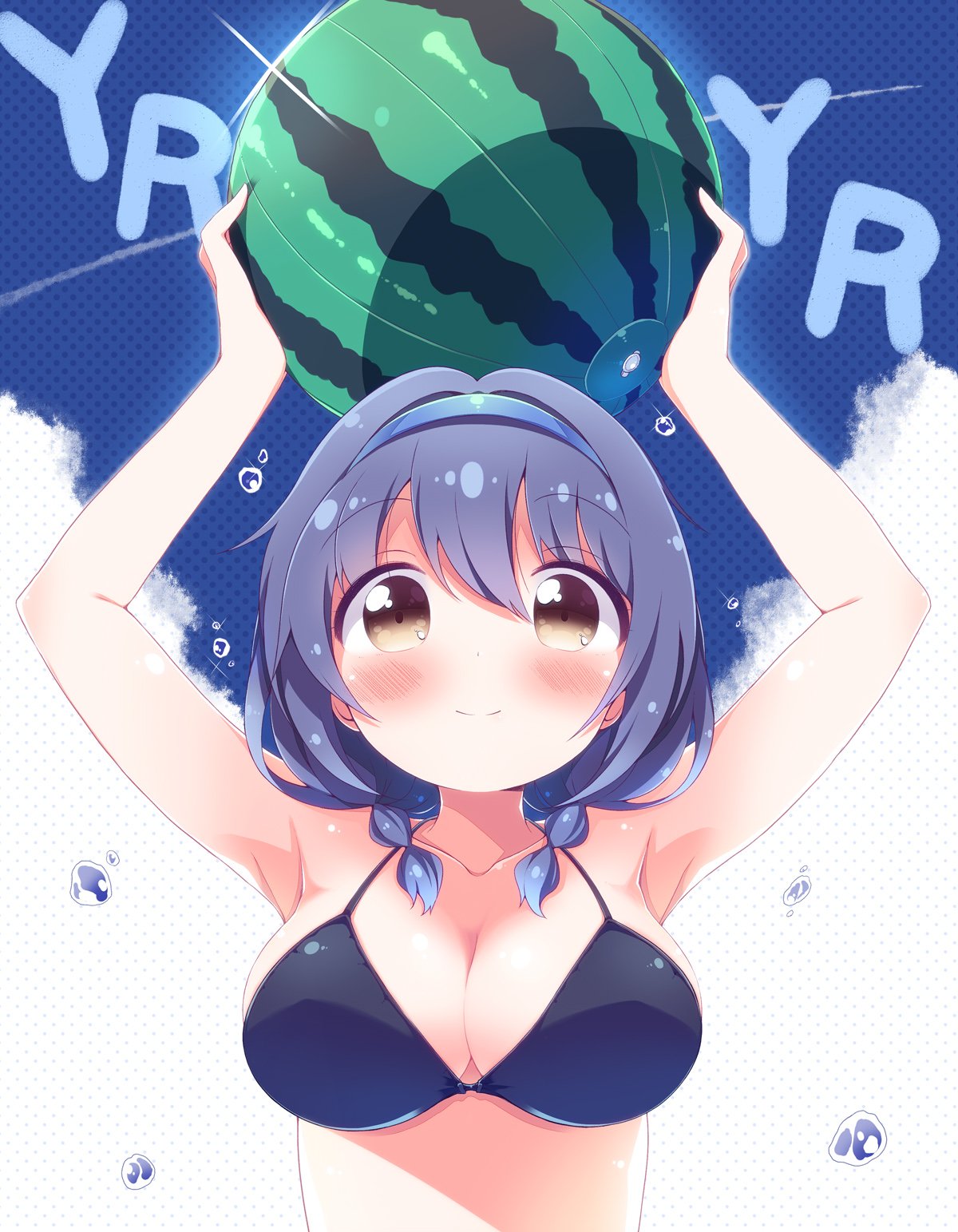 1girl arms_up ball bare_shoulders beachball bikini bikini_top black_bikini_top blue_hair blush breasts brown_eyes cleavage closed_mouth collarbone eyebrows_visible_through_hair furutani_himawari hairband highres holding holding_ball large_breasts looking_at_viewer smile solo swimsuit takahero water_drop watermelon_beachball yuru_yuri