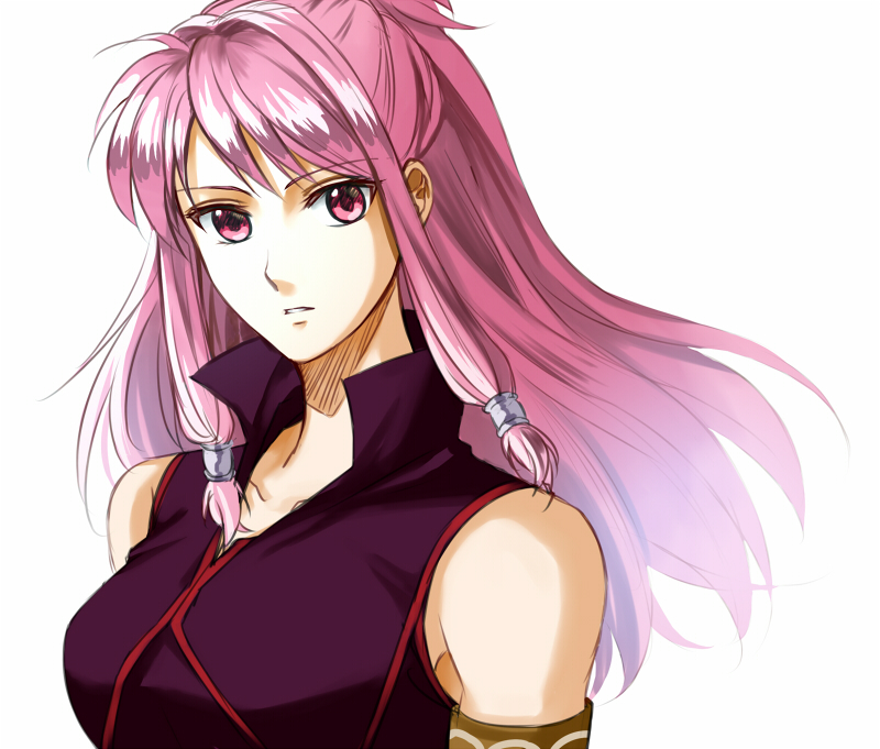 1girl bare_shoulders delsaber fire_emblem fire_emblem:_seima_no_kouseki long_hair looking_at_viewer marica_(fire_emblem) nintendo pink_eyes pink_hair ponytail shirt simple_background sleeveless sleeveless_shirt solo upper_body white_background