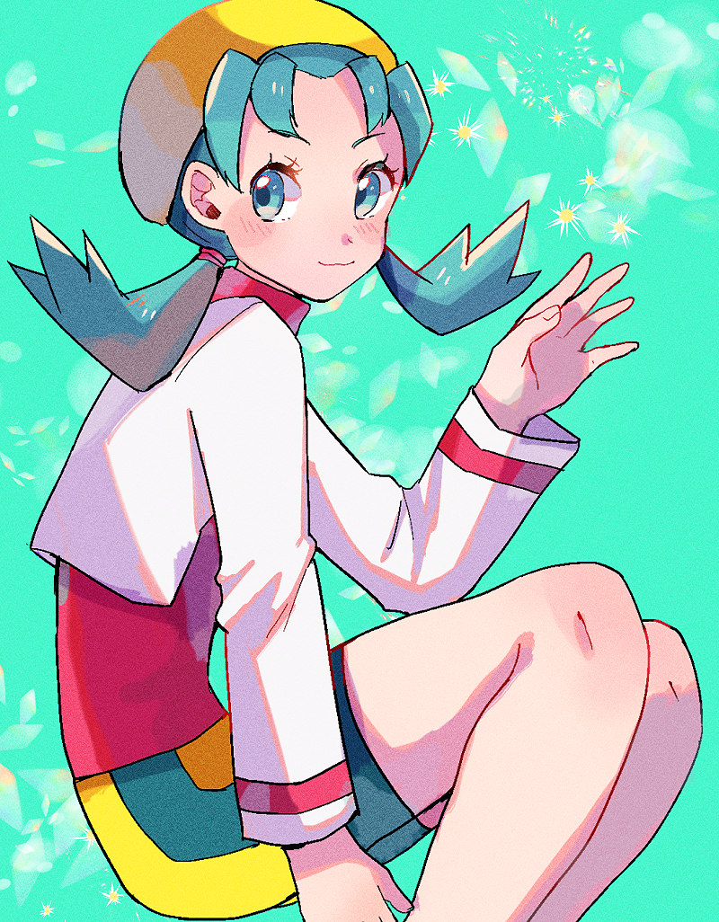 1girl aqua_background blue_eyes blue_hair blush closed_mouth creatures_(company) cropped_jacket crystal_(pokemon) game_freak hand_up hat jacket long_hair long_sleeves nintendo open_clothes open_jacket pokemon pokemon_(game) pokemon_gsc red_shirt ririmon shirt sitting smile solo turtleneck twintails white_jacket yellow_hat