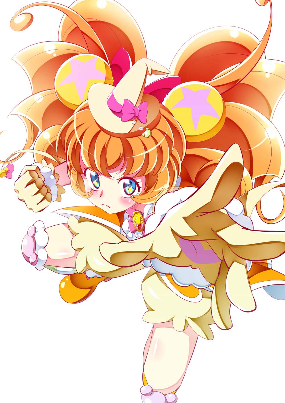 1girl animal_ears bear_ears bloomers blue_eyes blush bow cure_mofurun foreshortening gloves hat highres knee_pads mahou_girls_precure! mofurun_(mahou_girls_precure!) orange_hair outstretched_arm precure punching star star_in_eye symbol_in_eye tanabe_kyou underwear white_background witch_hat