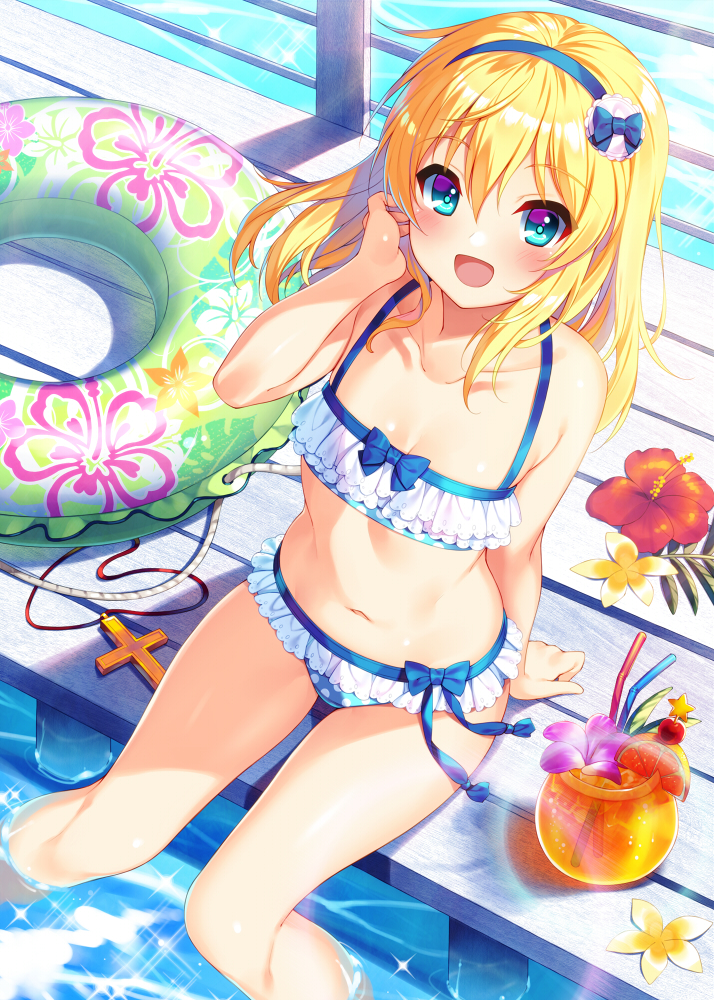 1girl :d blonde_hair blue_eyes blush breasts bucchake_(asami) collarbone cross cross_necklace drink drinking_straw eyebrows_visible_through_hair flower frilled_swimsuit frills from_above hair_between_eyes innertube jewelry jewelry_removed long_hair looking_at_viewer navel necklace necklace_removed ootomo_sourin_(sengoku_otome) open_mouth sengoku_otome sitting small_breasts smile soaking_feet solo sparkle swimsuit water