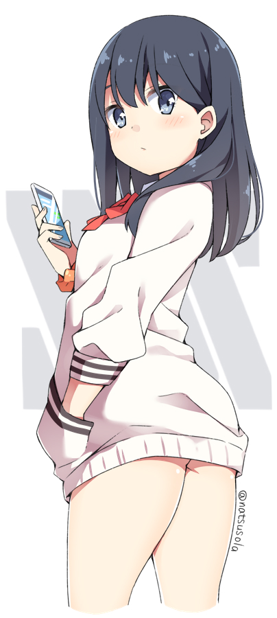 1girl ass bangs black_hair blush bow cardigan cellphone closed_mouth commentary_request cowboy_shot eyebrows_visible_through_hair grey_eyes hair_between_eyes hand_in_pocket hatsunatsu holding holding_cellphone holding_phone long_hair long_sleeves looking_at_viewer looking_back no_pants orange_scrunchie phone puffy_long_sleeves puffy_sleeves red_bow scrunchie smartphone solo ssss.gridman takarada_rikka twitter_username white_background white_cardigan wrist_scrunchie