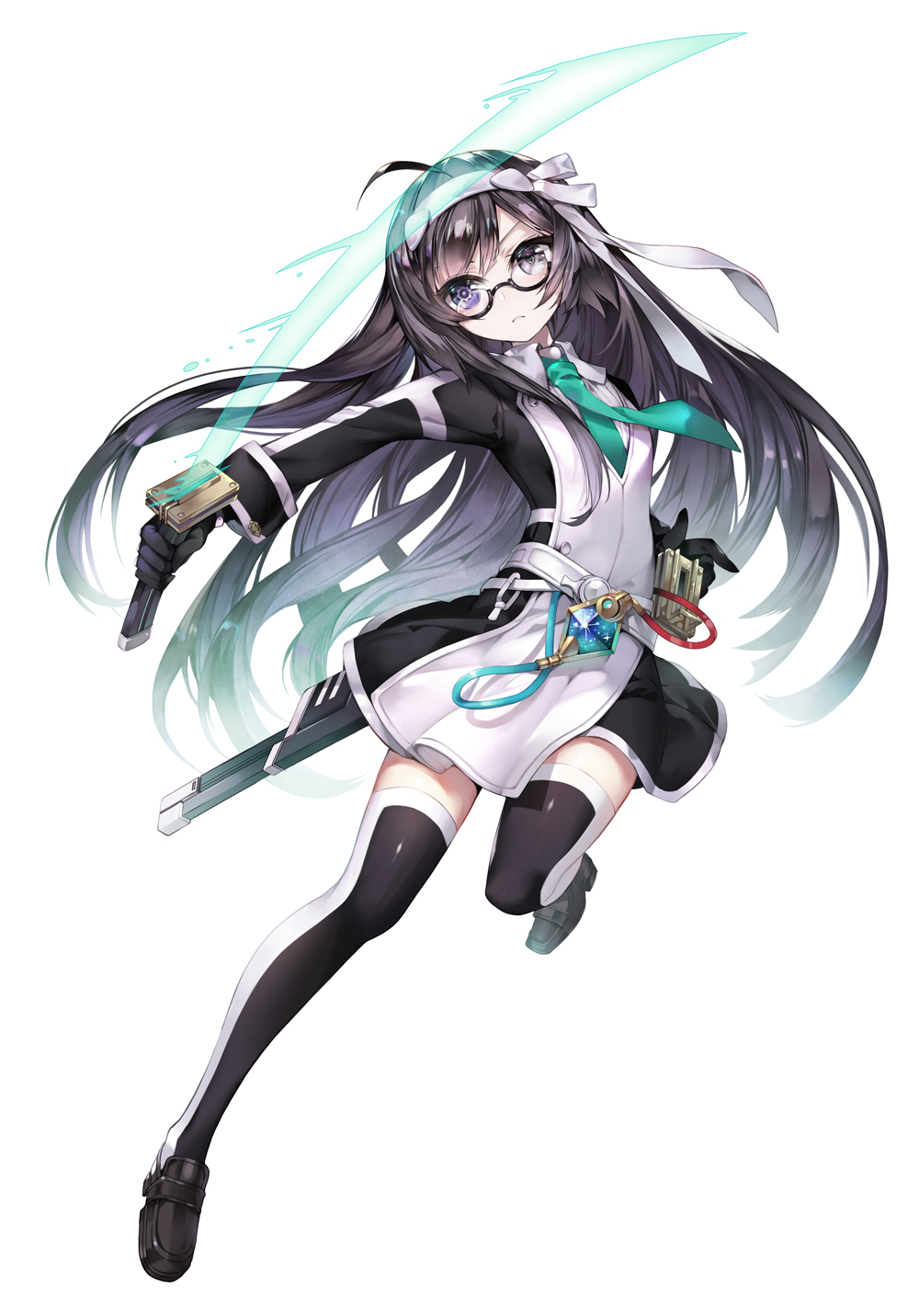 1girl ahoge aqua_neckwear black-framed_eyewear black_footwear black_hair black_legwear breasts copyright_request frown full_body gem glasses grey_eyes hairband heterochromia highres holding holding_sword holding_weapon long_hair looking_at_viewer madarame_(kagetsu) novel_illustration official_art sheath small_breasts solo sword thigh-highs violet_eyes weapon white_hairband