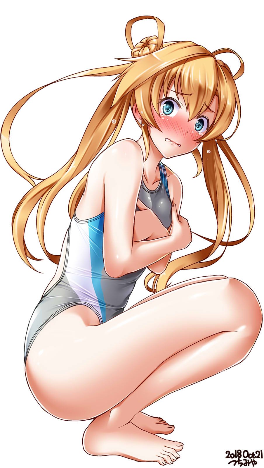 1girl abukuma_(kantai_collection) barefoot blonde_hair blue_eyes blush breasts commentary_request competition_swimsuit double_bun embarrassed grey_swimsuit hair_between_eyes hair_rings highres kantai_collection long_hair looking_at_viewer one-piece_swimsuit simple_background small_breasts solo squatting swimsuit tsuchimiya white_background
