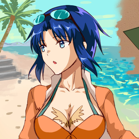 1girl axia-chan bikini bikini_under_clothes blue_eyes blue_hair breasts ciel cleavage eyewear_on_head looking_to_the_side lowres ocean palm_tree short_hair solo swimsuit tree tsukihime upper_body water