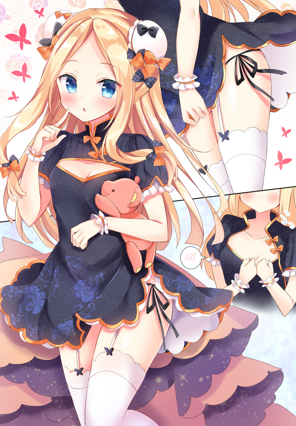 1girl abigail_williams_(fate/grand_order) alternate_costume bangs black_bow black_dress blonde_hair blue_eyes blush bow breasts bug bun_cover butterfly china_dress chinese_clothes cleavage_cutout collarbone double_bun dress fate/grand_order fate_(series) forehead garter_straps hair_bow highres hips holding holding_stuffed_animal index_finger_raised insect long_hair looking_at_viewer masayo_(gin_no_ame) open_mouth orange_bow parted_bangs polka_dot polka_dot_bow puffy_sleeves simple_background small_breasts solo stuffed_animal stuffed_toy teddy_bear thigh-highs thighs white_background white_legwear wrist_cuffs