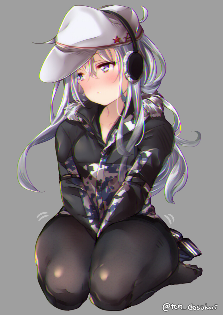 1girl alternate_costume black_legwear blue_eyes blush breasts camouflage_jacket chromatic_aberration chromatic_aberration_abuse closed_mouth commentary_request earmuffs eyebrows_visible_through_hair flat_cap grey_background hair_between_eyes half-closed_eyes hammer_and_sickle hat headphones headphones_over_headwear hibiki_(kantai_collection) hood hood_down hooded_jacket jacket juurouta kantai_collection long_hair long_sleeves looking_away looking_to_the_side no_shoes pantyhose red_star remodel_(kantai_collection) shy silver_hair simple_background sitting small_breasts solo star thick_thighs thighs v_arms verniy_(kantai_collection) wariza white_hat winter_clothes