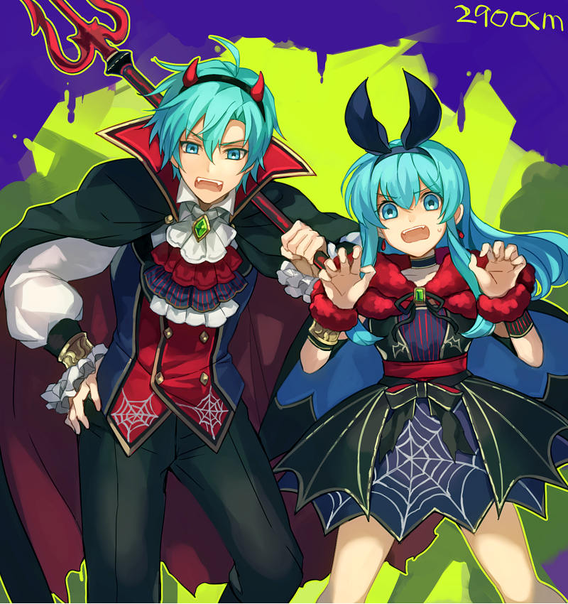 1boy 1girl 2900cm animal_ears bat_ears blue_eyes blue_hair cape demon_horns demon_tail demon_wings eirika ephraim fang_out fangs fire_emblem fire_emblem:_seima_no_kouseki fire_emblem:_the_sacred_stones fire_emblem_heroes halloween halloween_costume holding holding_weapon horns intelligent_systems long_hair nintendo polearm tail trident twintails weapon wings