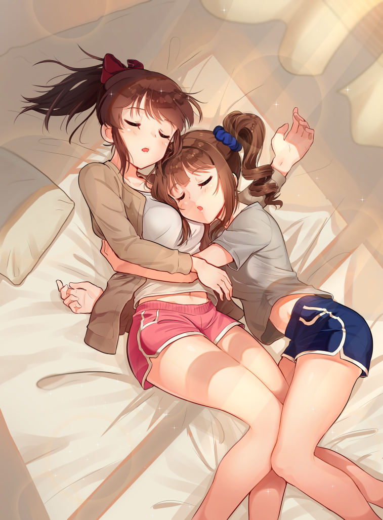 2girls bangs bare_legs bed_sheet belly_peek blue_shorts blunt_bangs blush bow boyshorts breasts brown_jacket closed_eyes commentary day english_commentary eyebrows_visible_through_hair feet_out_of_frame grey_shirt hair_bow hair_ornament hair_scrunchie hug idolmaster idolmaster_million_live! jacket kamille_(vcx68) lens_flare long_hair long_sleeves lying medium_breasts multiple_girls navel on_back on_bed on_side open_clothes open_jacket open_mouth pillow pink_shorts ponytail red_bow satake_minako scrunchie shirt short_sleeves shorts side_ponytail side_slit sidelocks sparkle sunlight swept_bangs white_shirt yokoyama_nao