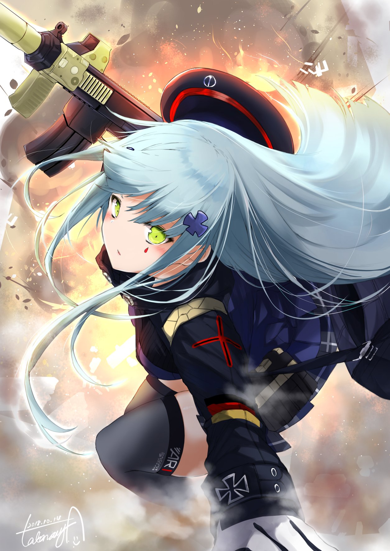 1girl artist_name assault_rifle beret blue_hair commentary_request explosion girls_frontline gloves green_eyes gun hat hat_removed headwear_removed heckler_&amp;_koch highres hk416 hk416_(girls_frontline) iron_cross leglus looking_at_viewer rifle signature solo weapon