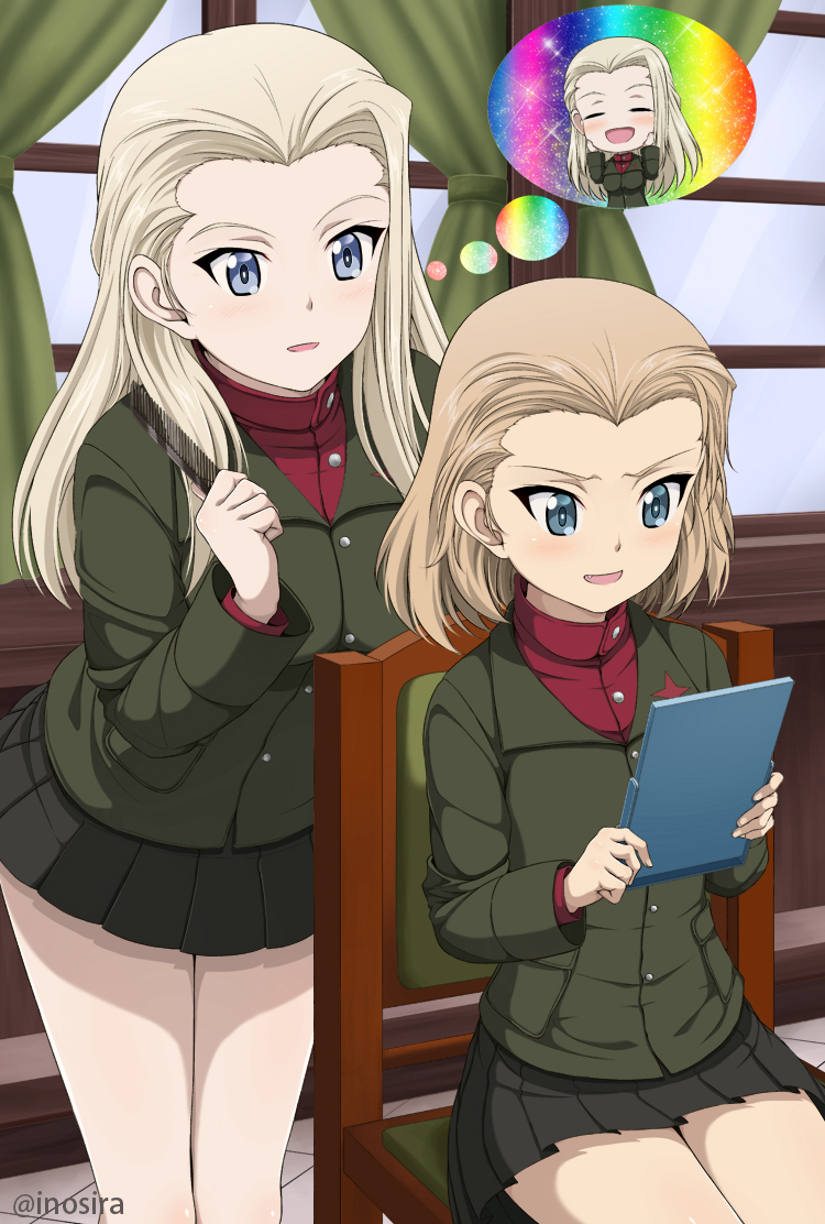 2girls blonde_hair blue_eyes blush breasts clara_(girls_und_panzer) fang girls_und_panzer heaven_condition inoshira katyusha large_breasts mirror multiple_girls open_mouth pravda_school_uniform short_hair skirt smile window