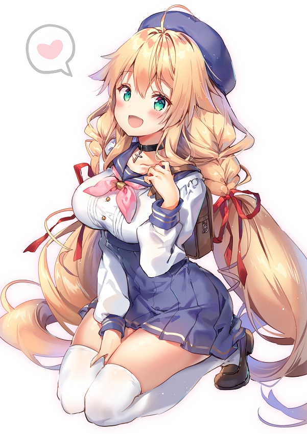 1girl :d ahoge alternate_costume azur_lane bag bangs beret between_legs black_choker black_footwear blonde_hair blue_sailor_collar blue_skirt blush braid breasts choker collarbone commentary_request full_body green_eyes hair_ribbon hand_up hat heart jewelry kneeling large_breasts le_temeraire_(azur_lane) loafers long_hair long_sleeves looking_at_viewer neckerchief necklace open_mouth pink_neckwear pleated_skirt red_ribbon revision ribbon riichu sailor_collar school_bag school_uniform shirt shoes simple_background skirt smile solo spoken_heart thigh-highs twin_braids twintails very_long_hair white_background white_legwear white_shirt zettai_ryouiki