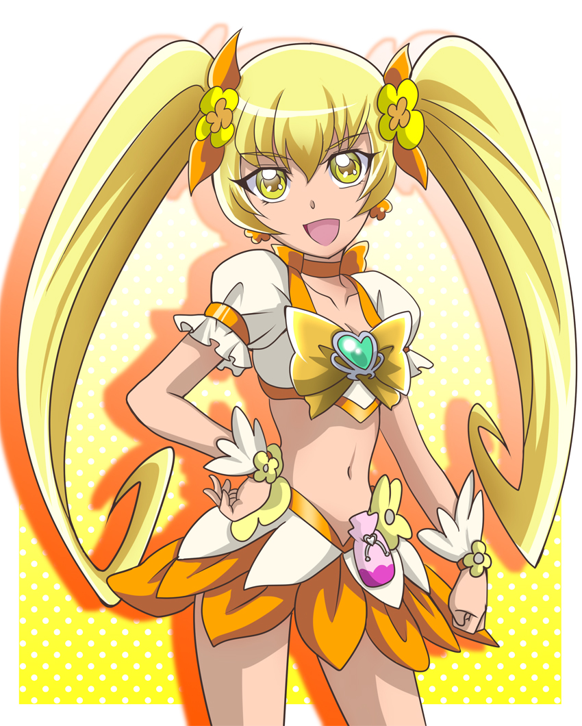 1girl :d blonde_hair bow breasts choker cleavage collarbone cowboy_shot crop_top cure_sunshine earrings eyebrows_visible_through_hair floating_hair gradient gradient_background hair_between_eyes hair_ornament hand_on_hip hanzou head_tilt heartcatch_precure! jewelry long_hair magical_girl midriff miniskirt myoudouin_itsuki navel open_mouth orange_bow orange_skirt polka_dot polka_dot_background precure shiny shiny_hair short_sleeves skirt small_breasts smile solo standing stomach twintails very_long_hair wrist_cuffs yellow_eyes