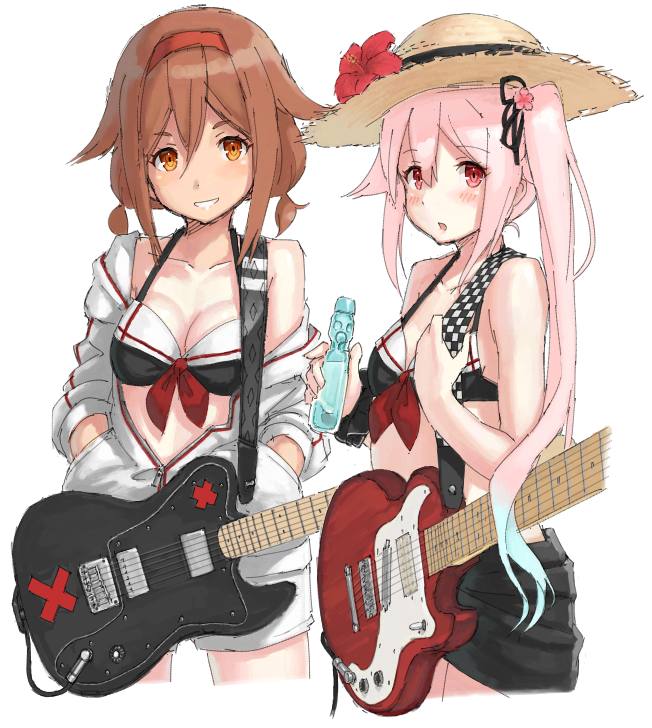 2girls bikini black_bikini blue_hair braid breasts brown_eyes brown_hair cleavage cowboy_shot electric_guitar gradient_hair guitar hairband hands_in_pockets harusame_(kantai_collection) hat hayashi_naoharu instrument jacket kantai_collection looking_at_viewer low_twintails medium_breasts multicolored_hair multiple_girls pink_hair red_eyes red_hairband shiratsuyu_(kantai_collection) short_hair side_ponytail simple_background straw_hat swimsuit twin_braids twintails white_background white_jacket