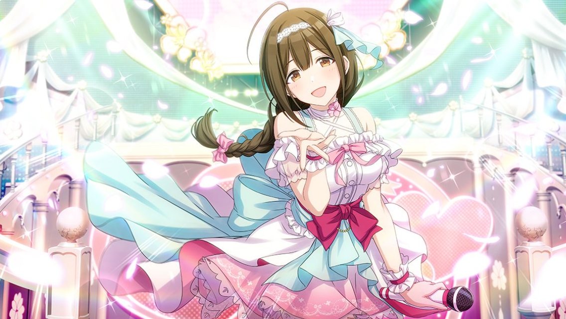 blush braid brown_eyes brown_hair dress idolmaster idolmaster_side-m idolmaster_side-m_live_on_stage kuwayama_chiyuki long_hair smile