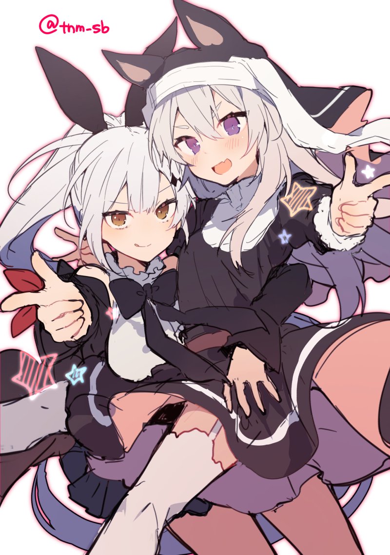 2girls animal_ears blush breasts brown_eyes cat_ears fang finger_gun five-seven_(girls_frontline) girls_frontline ikeuchi_tanuma long_hair looking_at_viewer multiple_girls nun open_mouth p7_(girls_frontline) ponytail ribbon silver_hair thigh-highs violet_eyes