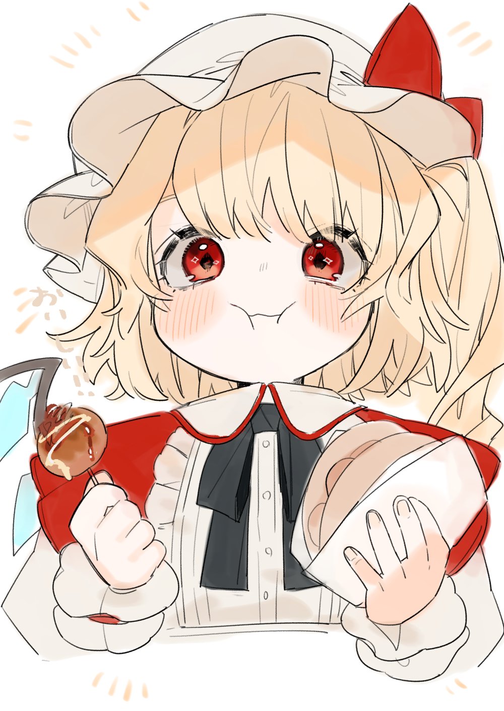 1girl :i alternate_costume bangs black_neckwear black_ribbon blonde_hair blush bow commentary_request cropped_torso crystal flandre_scarlet food gotoh510 hat hat_bow highres holding holding_food long_hair looking_at_viewer mob_cap neck_ribbon one_side_up red_bow red_eyes ribbon simple_background solo takoyaki touhou translated upper_body white_background white_hat wings wrist_cuffs