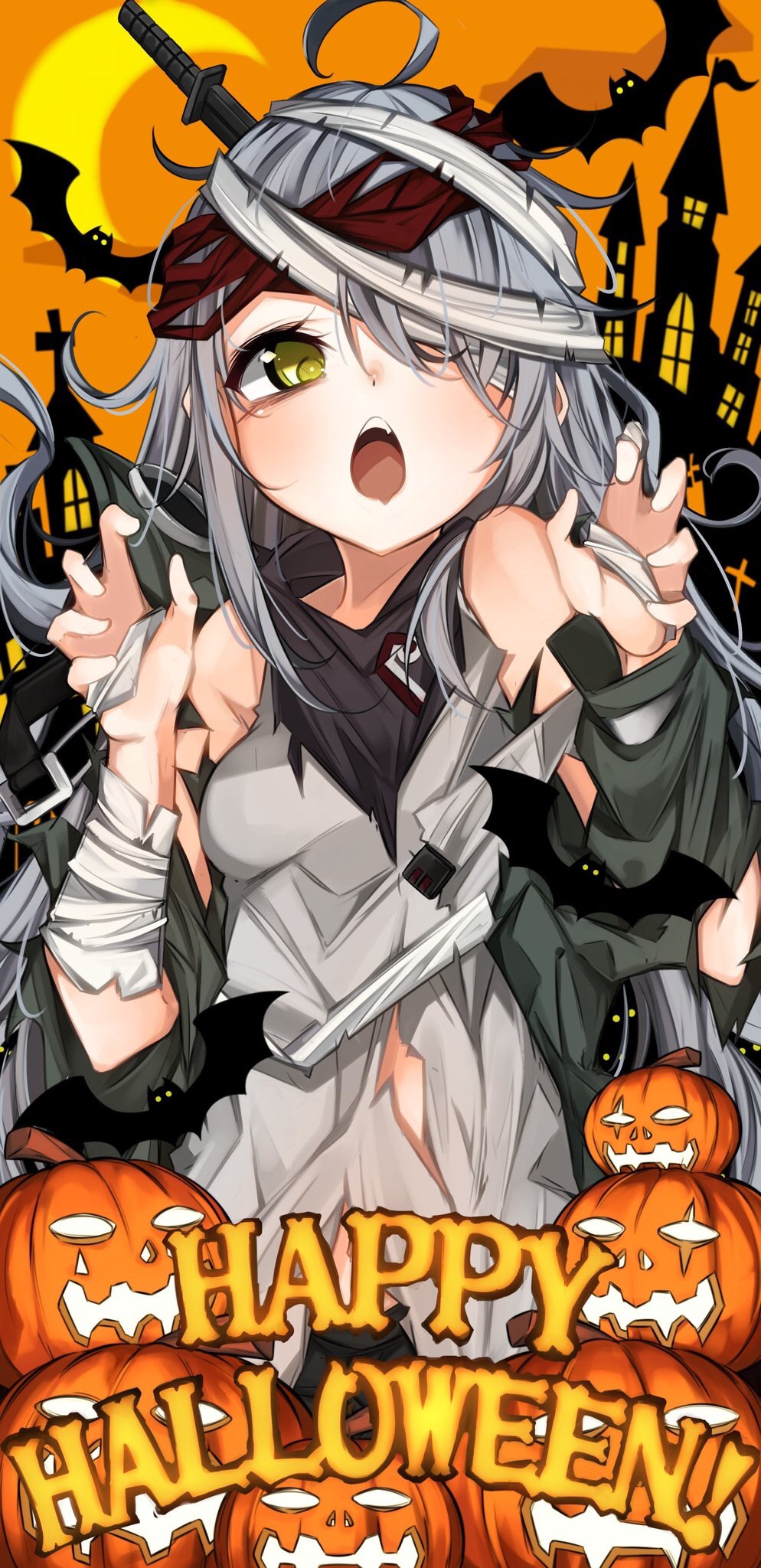 1girl 7:08 :o ahoge bandage bandaged_head bandages bat claw_pose commentary g11_(girls_frontline) girls_frontline grey_hair happy_halloween highres jack-o'-lantern knife_in_head long_hair looking_at_viewer solo torn_clothes