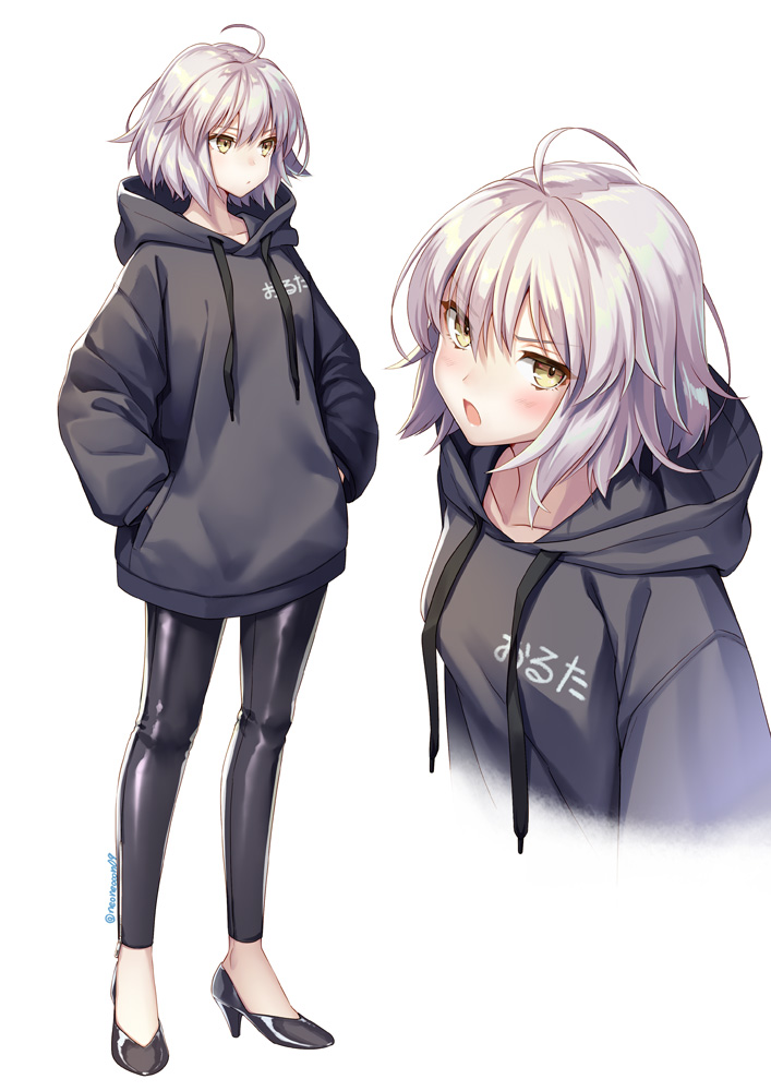 1girl ahoge alternate_costume black_pants black_sweater casual collarbone commentary_request contemporary fate/grand_order fate_(series) hands_in_pockets high_heels hood hooded_sweater jeanne_d'arc_(alter)_(fate) jeanne_d'arc_(fate)_(all) looking_at_viewer looking_away ne-on pants short_hair silver_hair simple_background solo sweater translated twitter_username white_background yellow_eyes zoom_layer