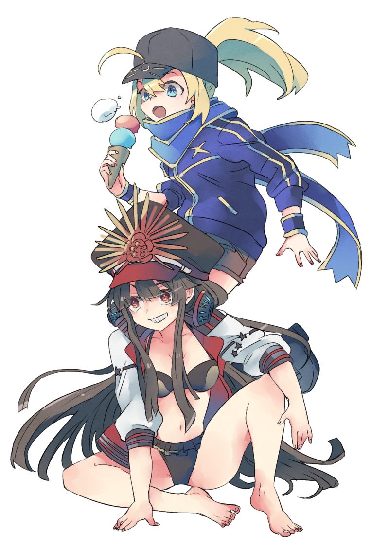 2girls ahoge artoria_pendragon_(all) bangs baseball_cap bikini black_bikini black_hat blonde_hair blue_eyes blue_jacket breasts brown_eyes brown_hair brown_shorts double_scoop eyebrows_visible_through_hair family_crest fate/grand_order fate_(series) food frilled_bikini_bottom frills hair_between_eyes hair_through_headwear hat holding holding_food ice_cream ice_cream_cone jacket kidhukaji letterman_jacket long_hair long_sleeves medium_breasts multiple_girls mysterious_heroine_x oda_nobunaga_(fate) oda_nobunaga_(swimsuit_berserker)_(fate) oda_uri open_clothes open_jacket peaked_cap ponytail red_jacket short_shorts shorts sitting swimsuit v-shaped_eyebrows very_long_hair