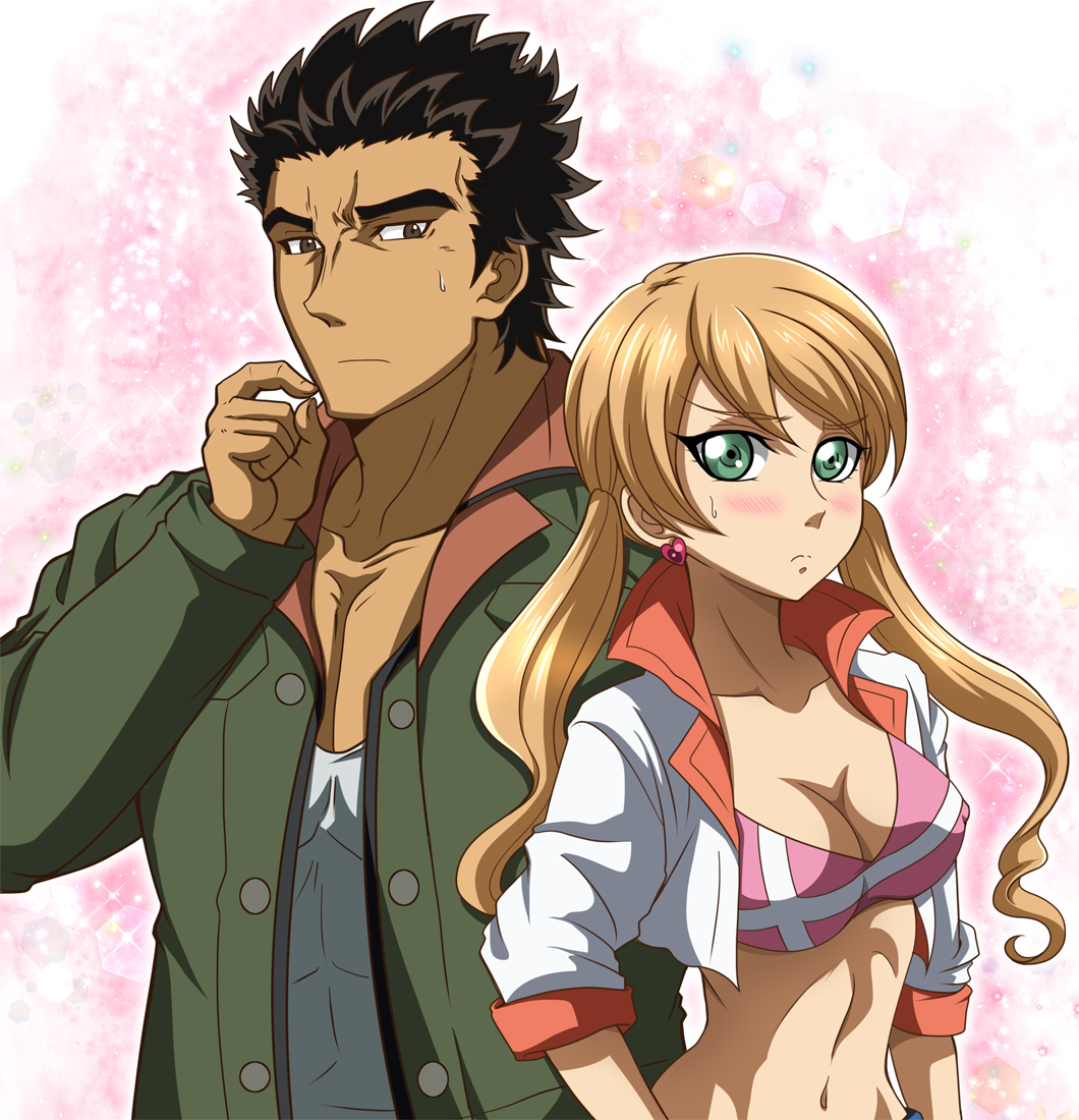 1boy 1girl akihiro_altland black_hair blonde_hair blush bra brown_eyes collarbone couple crop_top dark_skin earrings eyebrows_visible_through_hair floating_hair green_eyes green_jacket groin gundam gundam_tekketsu_no_orphans hanzou heart heart_earrings jacket jewelry lafter_frankland long_hair looking_at_viewer midriff navel open_clothes open_jacket pink_bra shirt spiky_hair stomach twintails underwear white_jacket white_shirt