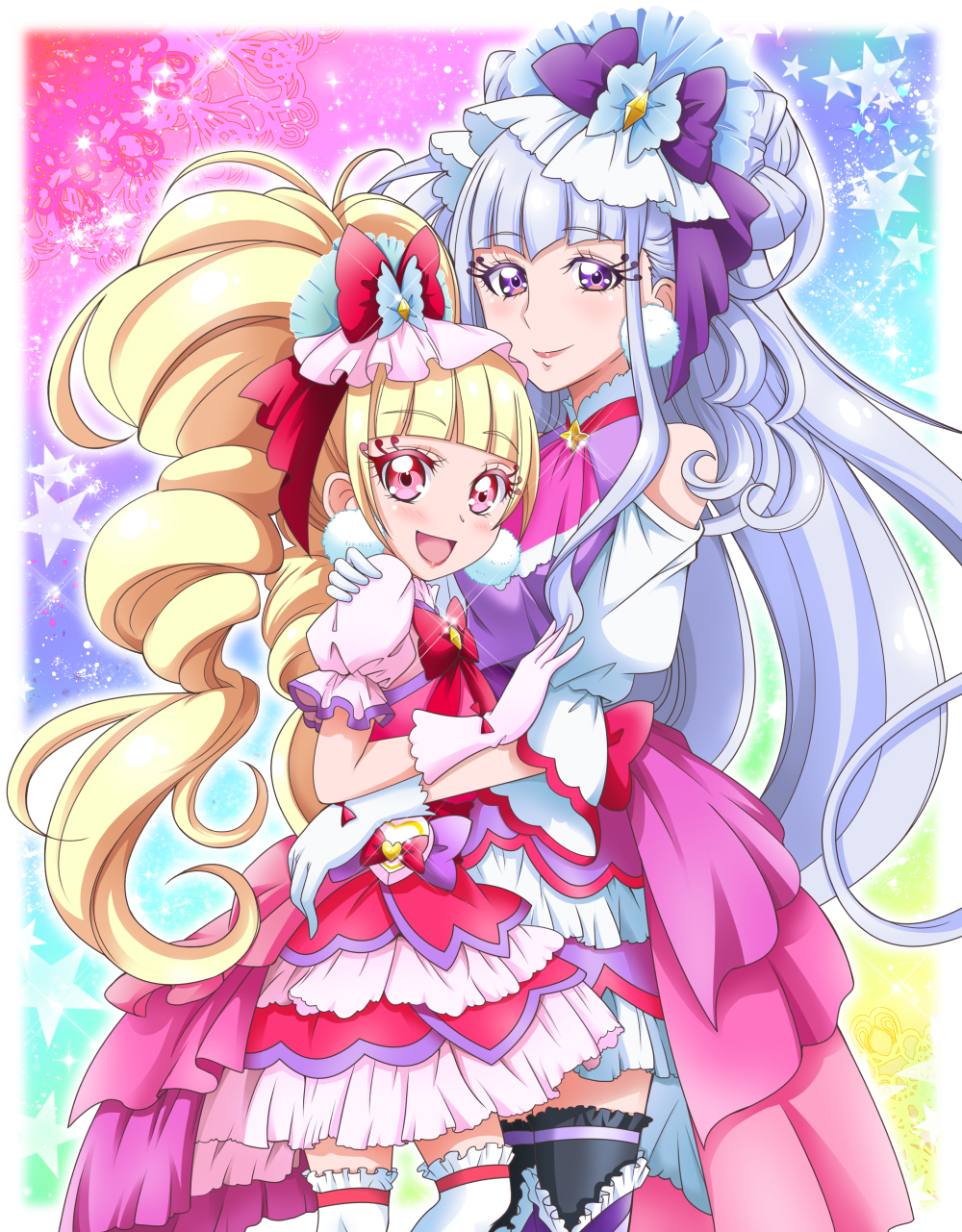 2girls aisaki_emiru bangs black_legwear blonde_hair blunt_bangs bow cure_amour cure_macherie dress floating_hair frilled_legwear gloves hair_bow hand_on_another's_shoulder hanzou highres hug hugtto!_precure layered_dress long_hair looking_at_viewer multiple_girls precure purple_bow red_bow red_eyes ruru_amour shiny shiny_hair short_dress short_sleeves shoulder_cutout silver_hair smile star thigh-highs twintails very_long_hair violet_eyes white_gloves white_legwear