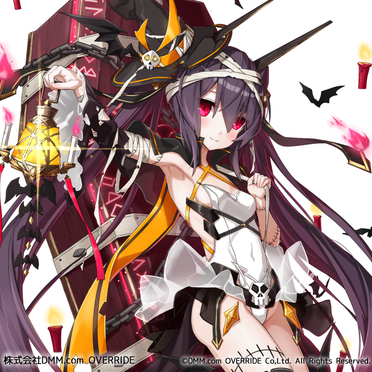 arm_wrap armpits bat black_hat breasts candle capelet chains clenched_hand coffin company_name covered_navel hair_between_eyes hat hat_ornament kanpani_girls lantern leotard long_hair official_art pink_flame red_eyes sibylle_zweig small_breasts standing stitches takanashi_kei_(hitsujikan) twintails very_long_hair white_leotard witch_hat