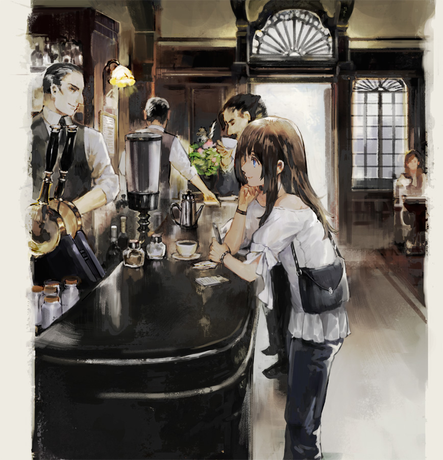 2girls 3boys bag bare_shoulders black_hair black_pants black_vest blouse blue_eyes bottle bracelet brown_hair cafe chibi_(shimon) chin_rest coffee coffee_pot commentary cup drinking english_commentary from_behind from_side holding holding_phone indoors jar jewelry long_hair looking_at_another multiple_boys multiple_girls off_shoulder original pants parted_lips phone profile shirt short_sleeves smile solo_focus standing vest white_blouse white_shirt window