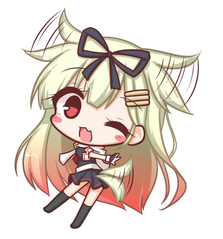 1girl ;d bangs black_legwear black_ribbon black_serafuku black_shirt black_skirt blonde_hair blush blush_stickers chibi commentary_request dog_tail dutch_angle ear_wiggle eyebrows_visible_through_hair fang full_body gradient_hair hair_between_eyes hair_ears hair_flaps hair_ornament hair_ribbon hairclip kantai_collection kneehighs komakoma_(magicaltale) long_hair looking_at_viewer looking_to_the_side multicolored_hair no_shoes one_eye_closed open_mouth pleated_skirt puffy_short_sleeves puffy_sleeves red_eyes red_neckwear redhead remodel_(kantai_collection) ribbon scarf school_uniform serafuku shirt short_sleeves simple_background skirt smile solo tail tail_wagging very_long_hair white_background white_scarf yuudachi_(kantai_collection)