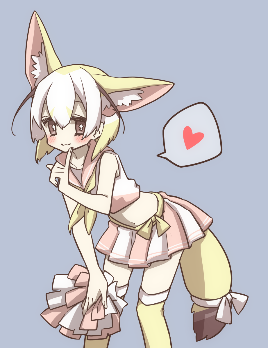 1girl :3 animal_ear_fluff animal_ears bare_arms blonde_hair blush brown_eyes extra_ears fennec_(kemono_friends) finger_to_mouth fox_ears fox_tail grey_background hair_between_eyes hand_on_own_knee heart highres kemono_friends leaning_forward looking_at_viewer midriff multicolored_hair petit_ramune pleated_skirt pom_poms ribbon sailor_collar short_hair simple_background skirt solo spoken_heart tail tail_ribbon thigh-highs white_hair yellow_legwear zettai_ryouiki