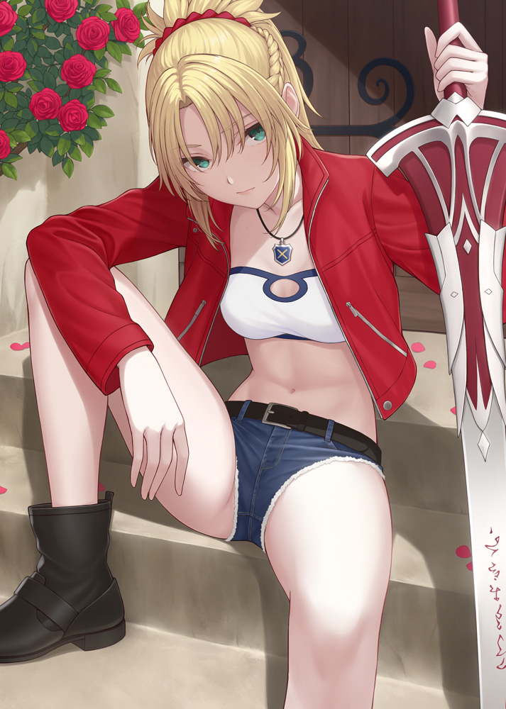 1girl bandeau blonde_hair braid breasts clarent closed_mouth collarbone commentary_request crop_top denim denim_shorts door eyebrows_visible_through_hair fate/apocrypha fate_(series) french_braid green_eyes hair_between_eyes hair_ornament hair_scrunchie holding holding_weapon jacket jewelry leaning_forward long_sleeves looking_at_viewer midriff mordred_(fate) mordred_(fate)_(all) nananichi navel pendant pink_lips ponytail red_jacket red_scrunchie scrunchie shorts sitting small_breasts stairs stomach sword thighs weapon