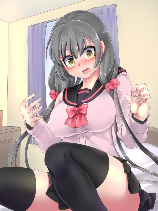 1girl black_legwear blush bow breasts commentary_request curtains genderswap grey_hair kouji_(kari) large_breasts long_hair low_twintails on_bed open_mouth original pillow school_uniform scrunchie serafuku sitting sitting_on_bed skirt solo thigh-highs twintails window yellow_eyes