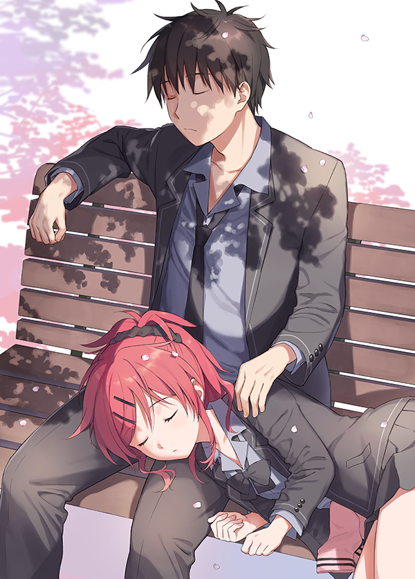 1boy 1girl black_bow black_hair black_jacket black_pants black_scrunchie black_skirt blazer bow bowtie brother_and_sister cherry_blossoms chigusa_asuha chigusa_kasumi closed_eyes grey_shirt hair_between_eyes hair_ornament hair_scrunchie hairclip hand_on_another's_shoulder jacket lap_pillow miniskirt open_blazer open_clothes open_jacket pants pleated_skirt ponytail qualidea_code redhead school_uniform scrunchie sekiya_asami shirt siblings skirt sleeping