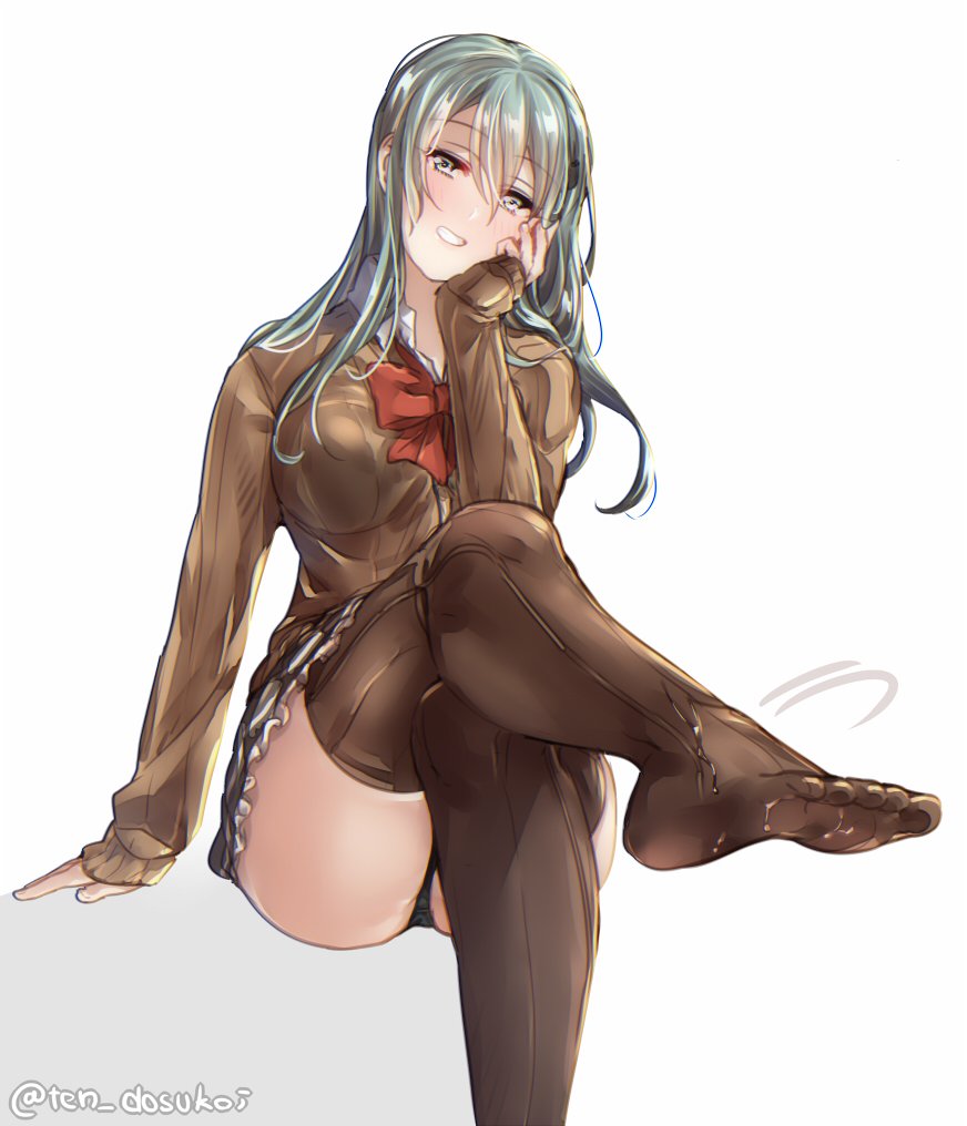 1girl aqua_eyes aqua_hair ascot black_panties blazer blush bow bowtie breasts brown_legwear brown_skirt cardigan closed_mouth eyebrows feet grin hair_between_eyes hair_ornament hairclip jacket juurouta kantai_collection large_breasts long_hair long_sleeves looking_at_viewer no_shoes open_cardigan open_clothes panties pleated_skirt red_bow remodel_(kantai_collection) school_uniform simple_background sitting skirt smile solo suzuya_(kantai_collection) thigh-highs toes twitter_username underwear white_background